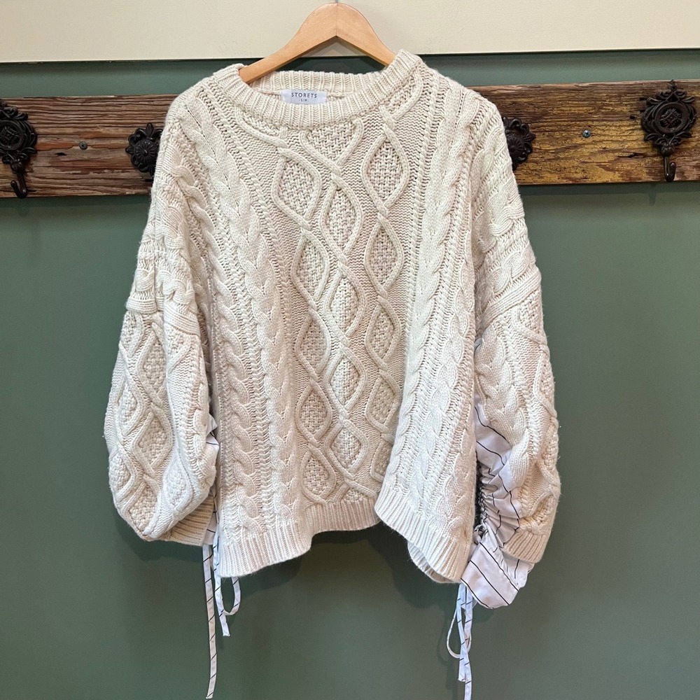 Storets Cream Cable Knit Oversized Sweater Striped Mixed Media Sleeves S/M